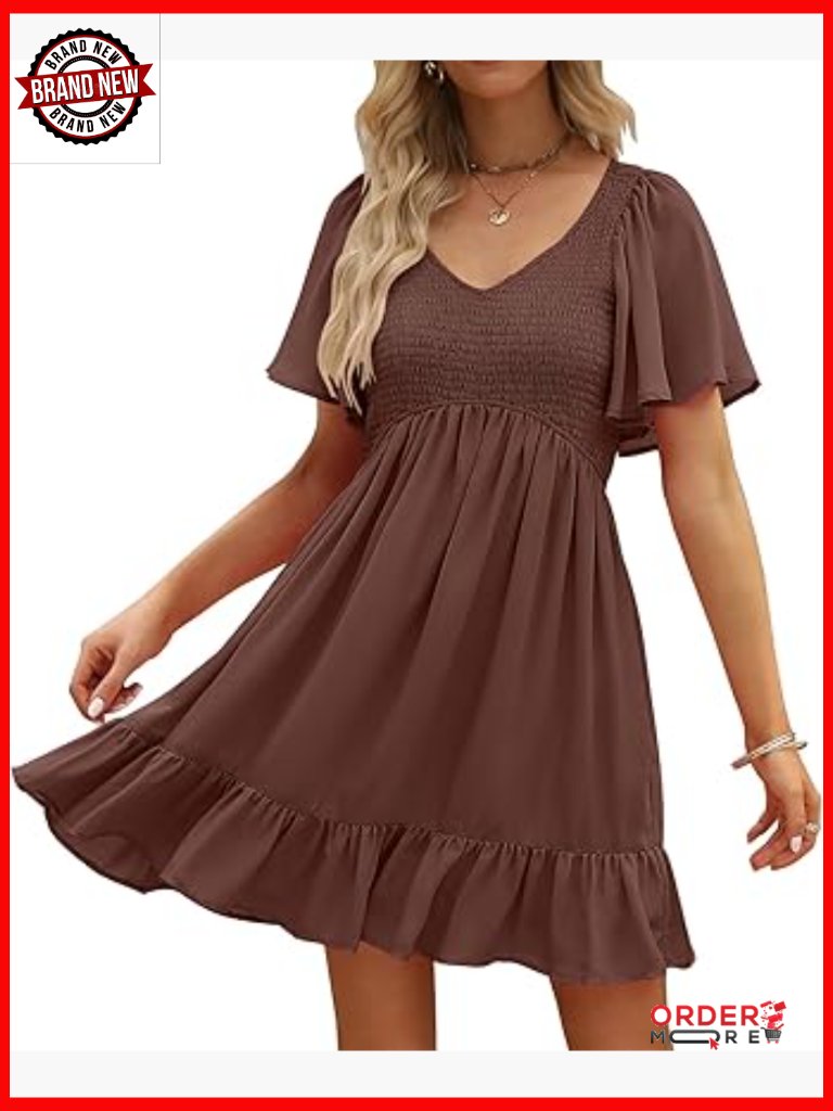 Flowy V-Neck Mini Dress With Pockets Smocked Bodice Flutter Sleeve